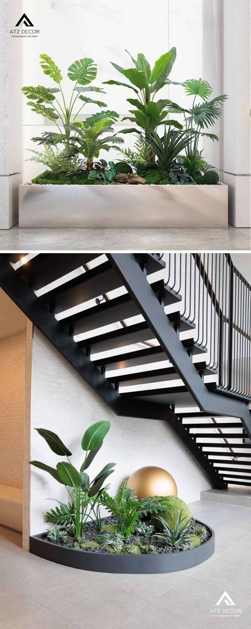 Tiểu cảnh cây giả biệt thự tạo điểm nhấn xanh hiện đại, tinh tế 13 tiểu cảnh cây giả biệt thự