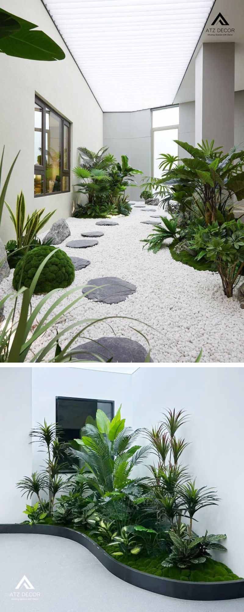 Tiểu cảnh cây giả biệt thự tạo điểm nhấn xanh hiện đại, tinh tế 14 tiểu cảnh cây giả biệt thự