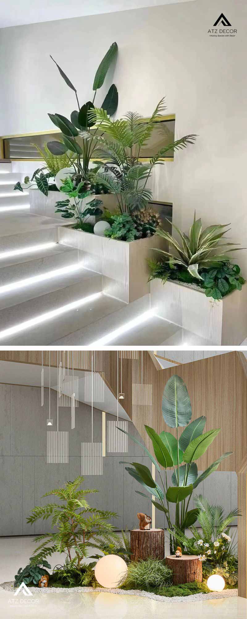 Tiểu cảnh cây giả biệt thự tạo điểm nhấn xanh hiện đại, tinh tế 17 tiểu cảnh cây giả biệt thự