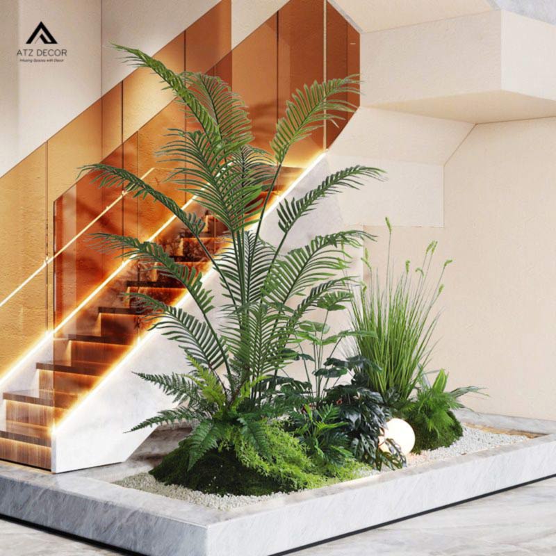 Tiểu cảnh cây giả trang trí cầu thang đẹp mắt, tạo không gian sống hiện đại 14 tiểu cảnh cây giả gầm cầu thang