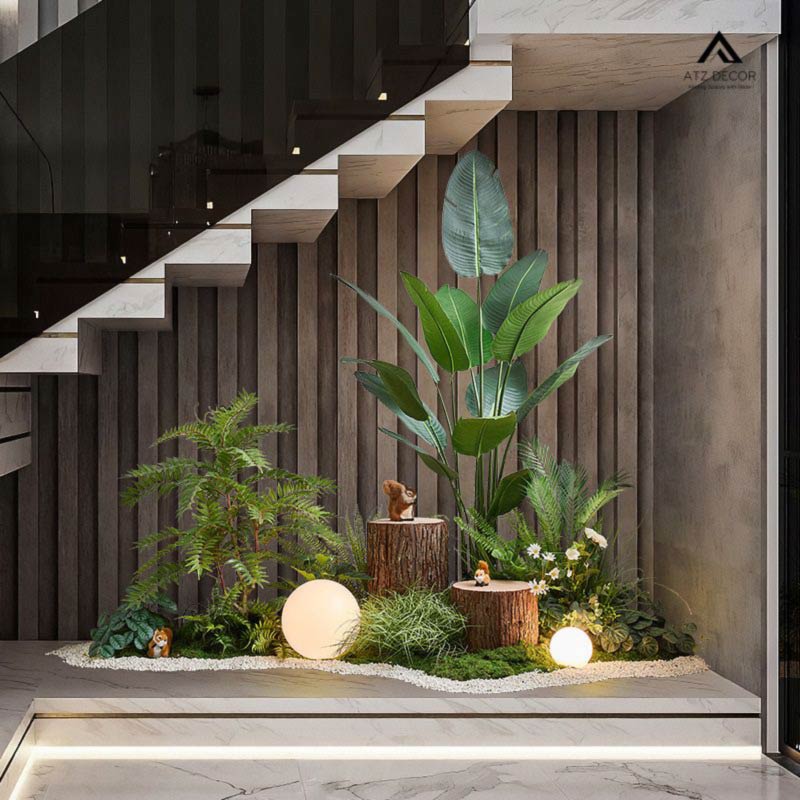 Tiểu cảnh cây giả trang trí cầu thang đẹp mắt, tạo không gian sống hiện đại 15 tiểu cảnh cây giả gầm cầu thang
