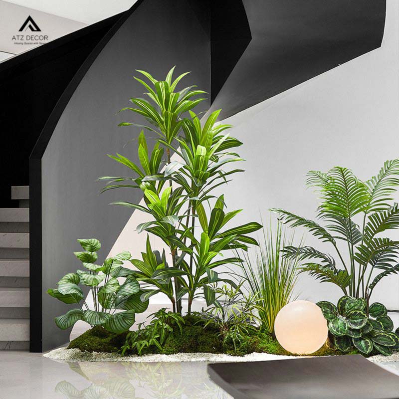 Tiểu cảnh cây giả trang trí cầu thang đẹp mắt, tạo không gian sống hiện đại 16 tiểu cảnh cây giả gầm cầu thang