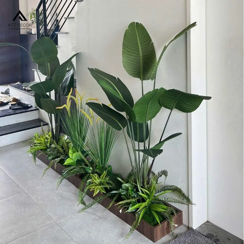 thi công bồn tiểu cảnh cây giả trong nhà