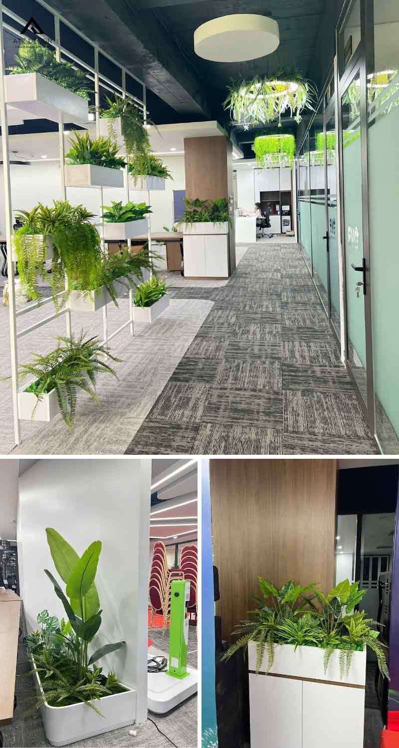 Thi công trọn gói tiểu cảnh cây giả văn phòng công ty EVG - Cầu Giấy 16 thi công tiểu cảnh cây giả văn phòng EVG