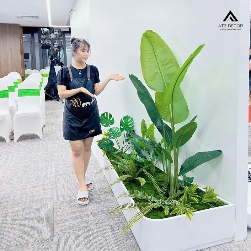 Thi công trọn gói tiểu cảnh cây giả văn phòng công ty EVG - Cầu Giấy 8 thi công tiểu cảnh cây giả văn phòng EVG