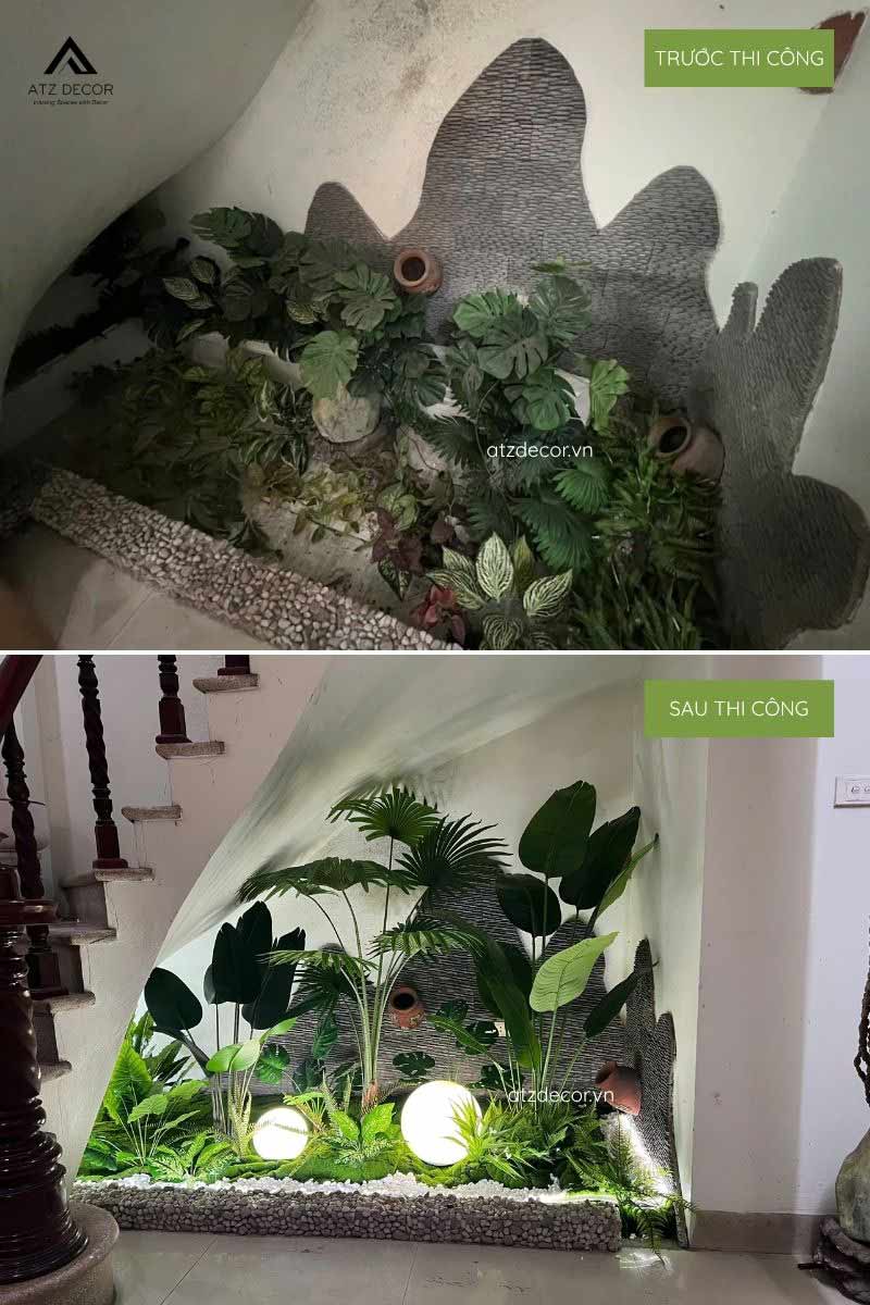 thi công tiểu cảnh cây giả decor gầm cầu thang