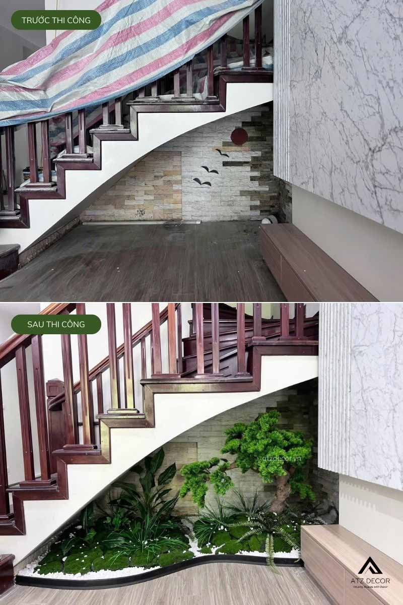Thi công tiểu cảnh cây tùng giả gầm cầu thang cho khách hàng tại Long Biên, Hà Nội 12 tiểu cảnh cây giả gầm cầu thang ở long biên