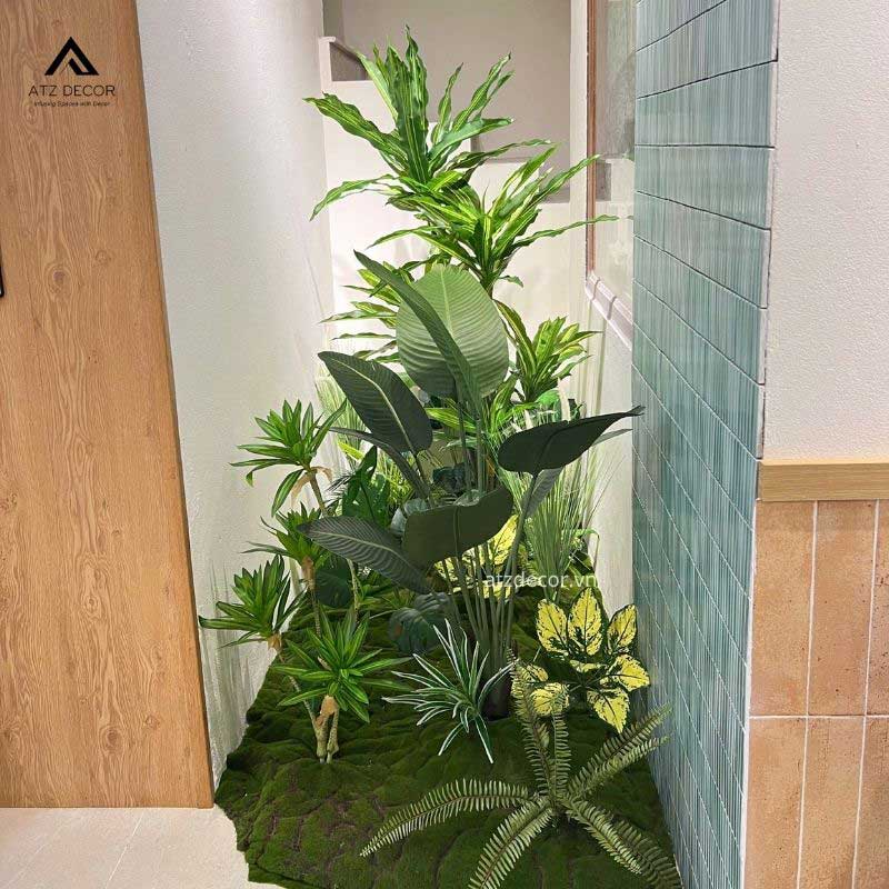 Thi công tiểu cảnh cây giả nhiệt đới xanh tươi tại Hoài Đức, Hà Nội 6 tiểu cảnh cây giả nhiệt đới góc nhà