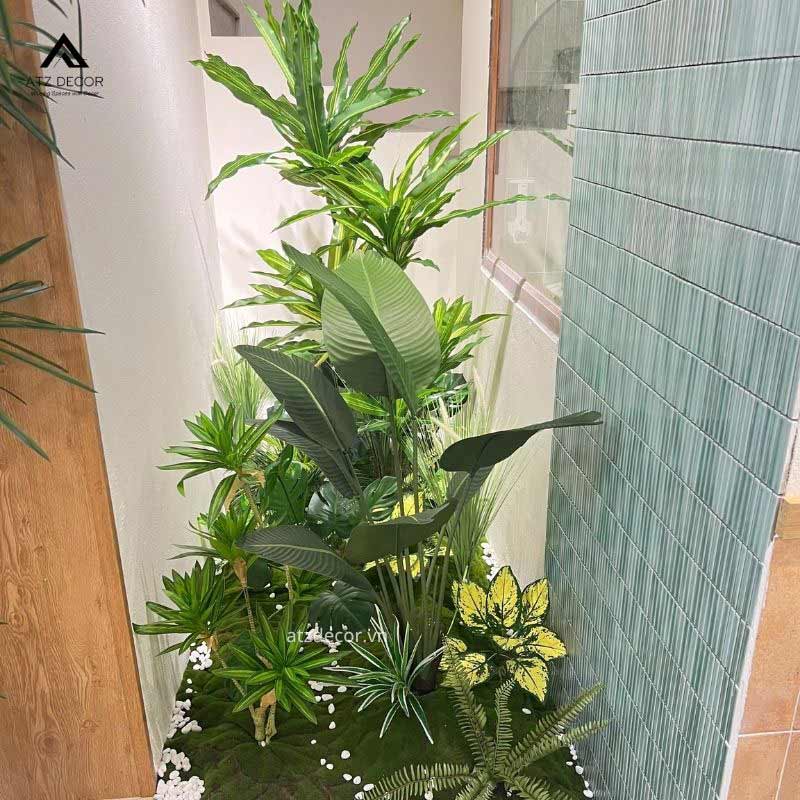 Thi công tiểu cảnh cây giả nhiệt đới xanh tươi tại Hoài Đức, Hà Nội 2 tiểu cảnh cây giả nhiệt đới góc nhà