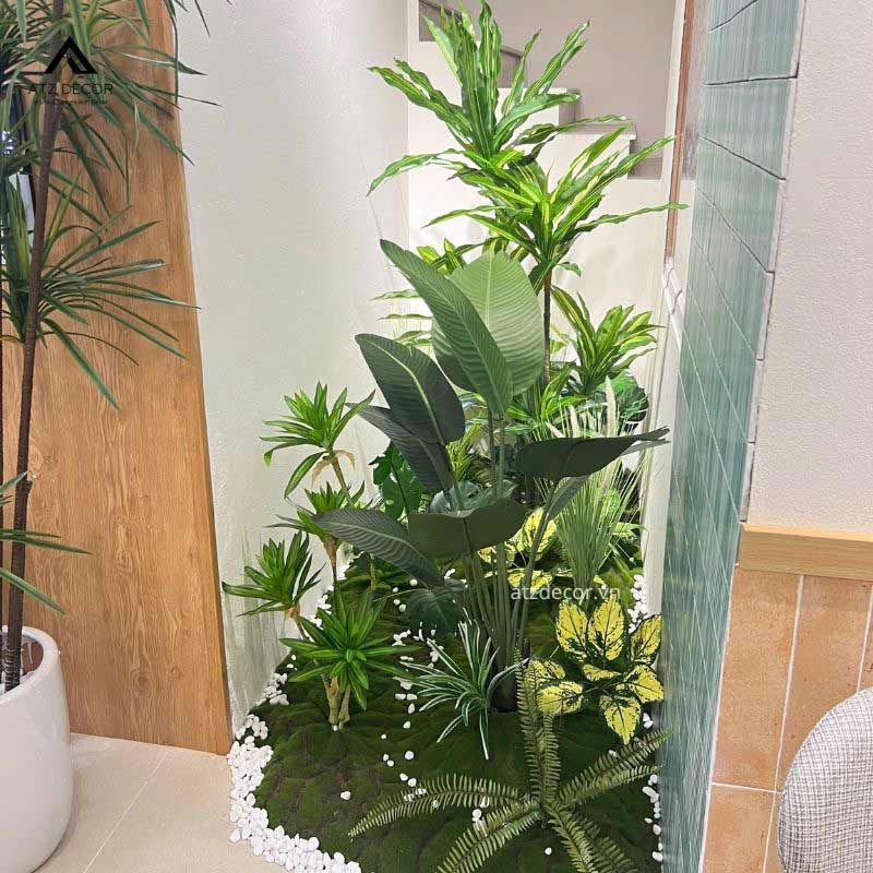 Thi công tiểu cảnh cây giả nhiệt đới xanh tươi tại Hoài Đức, Hà Nội 4 tiểu cảnh cây giả nhiệt đới góc nhà