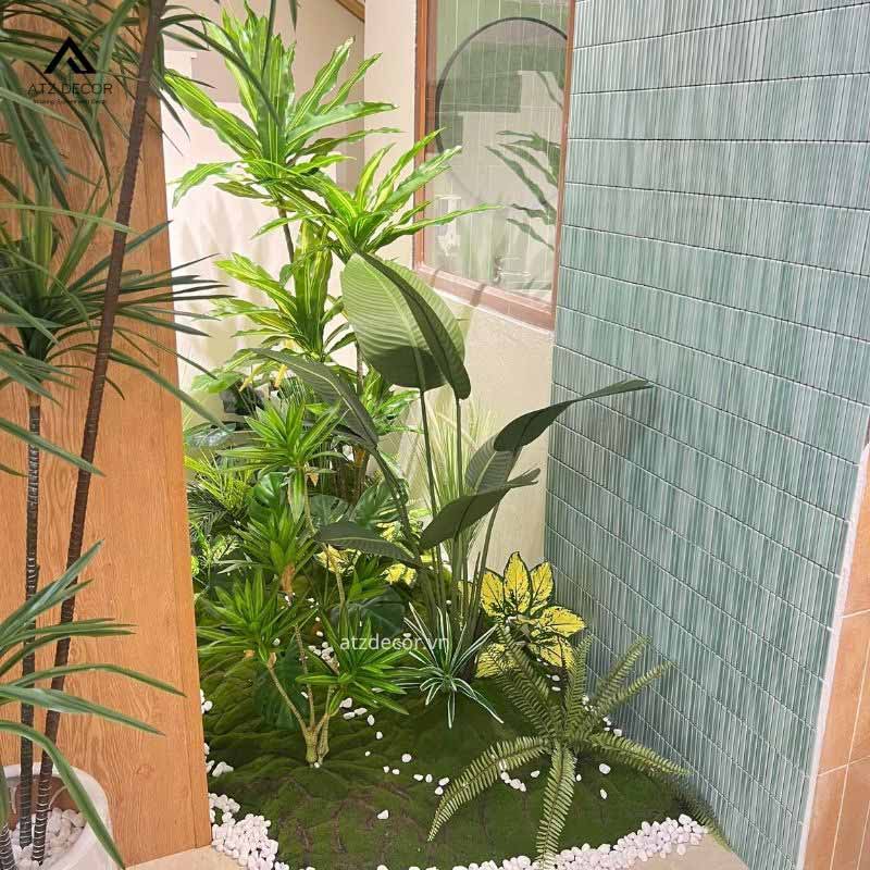 Thi công tiểu cảnh cây giả nhiệt đới xanh tươi tại Hoài Đức, Hà Nội 1 tiểu cảnh cây giả nhiệt đới góc nhà