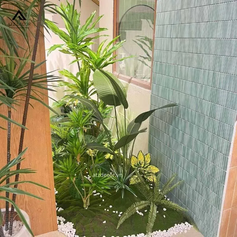 tiểu cảnh cây giả nhiệt đới góc nhà