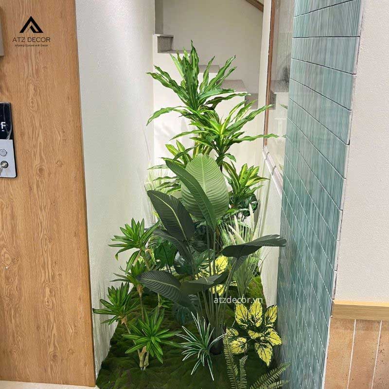 Thi công tiểu cảnh cây giả nhiệt đới xanh tươi tại Hoài Đức, Hà Nội 3 tiểu cảnh cây giả nhiệt đới góc nhà