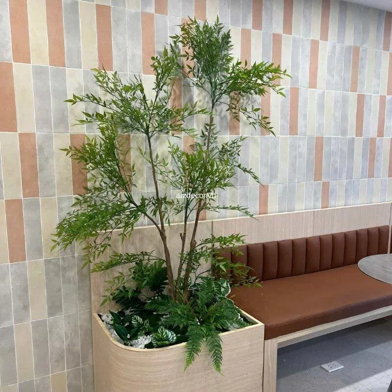 tiểu cảnh cây nam thiên trúc giả trang trí quán ăn