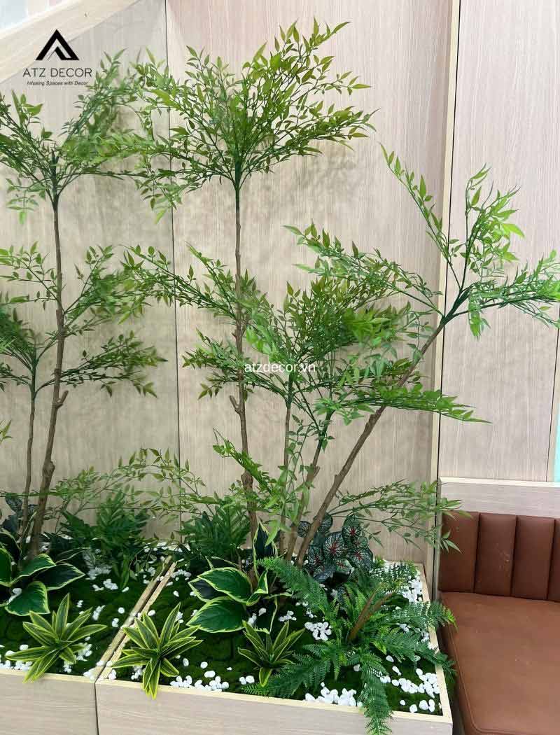 tiểu cảnh cây nam thiên trúc giả trang trí quán ăn