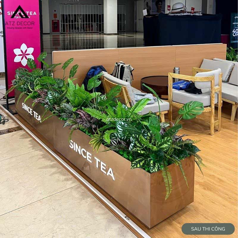 bồn cây giả decor quán trà sữa