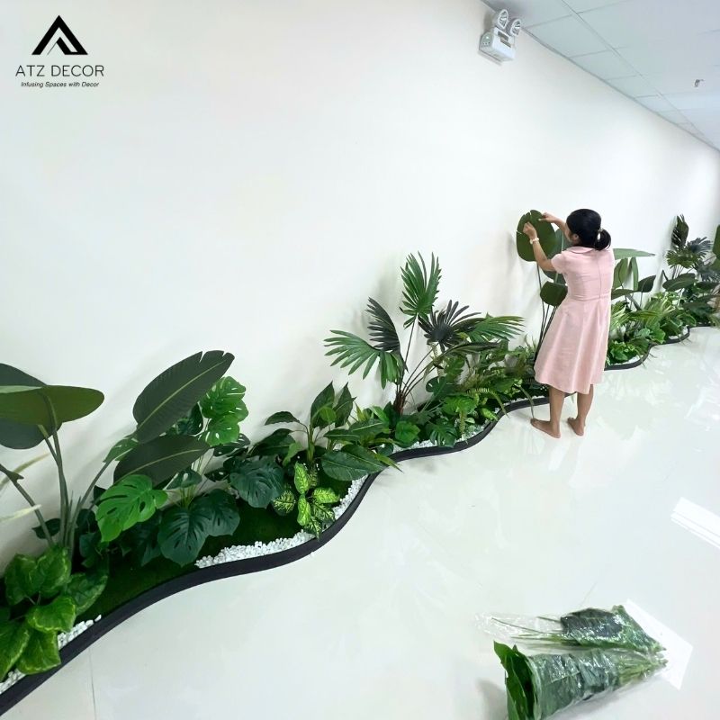 Thi công tiểu cảnh cây giả hành lanh văn phòng đẹp mắt 5 thi công tiểu cảnh cây giả hành lang văn phòng