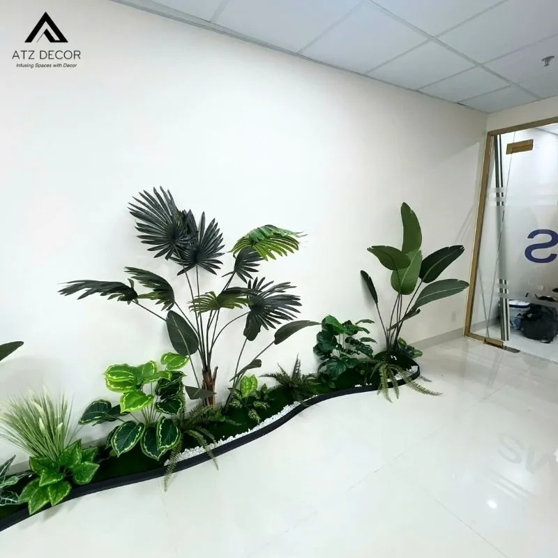 thi công tiểu cảnh cây giả hành lang văn phòng
