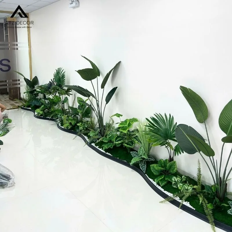 thi công tiểu cảnh cây giả hành lang văn phòng
